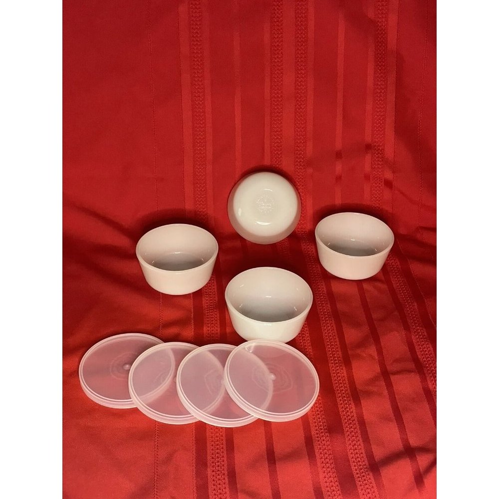 4 Vintage Anchor Hocking Fire King White Milk Glass Custard Cup Dessert Bowl Set